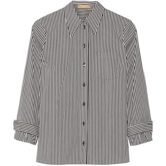 Michael Kors Collection Black/White Striped Cotton-Poplin Twist-Cuff Shirt 10 - Picture 1 of 2